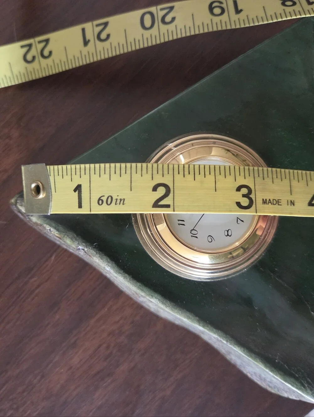 Vintage Triangle Stone Desk Clock – Polished Green Mineral with Gold-Tone Quartz